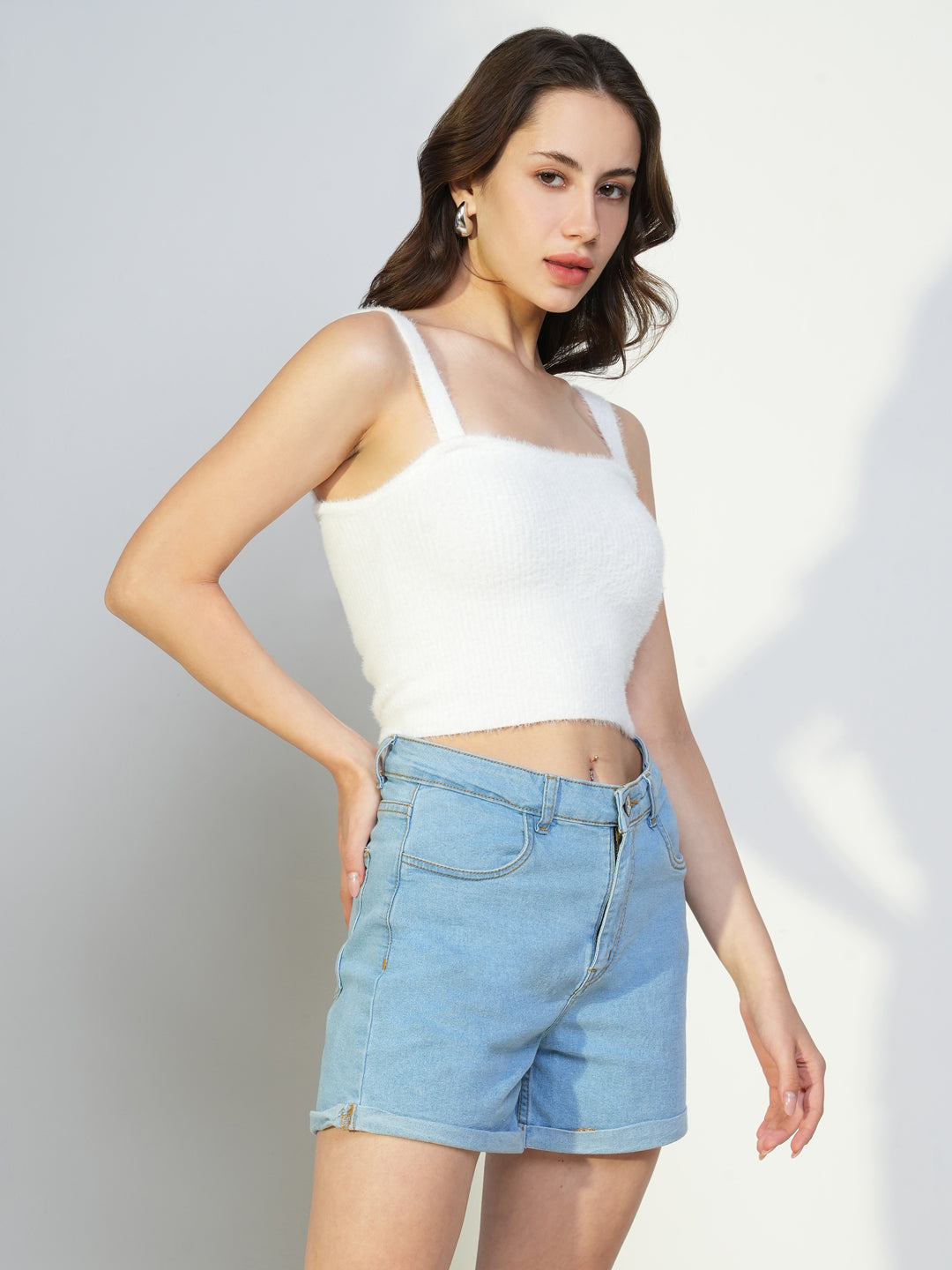 Women White Solid Crop Top