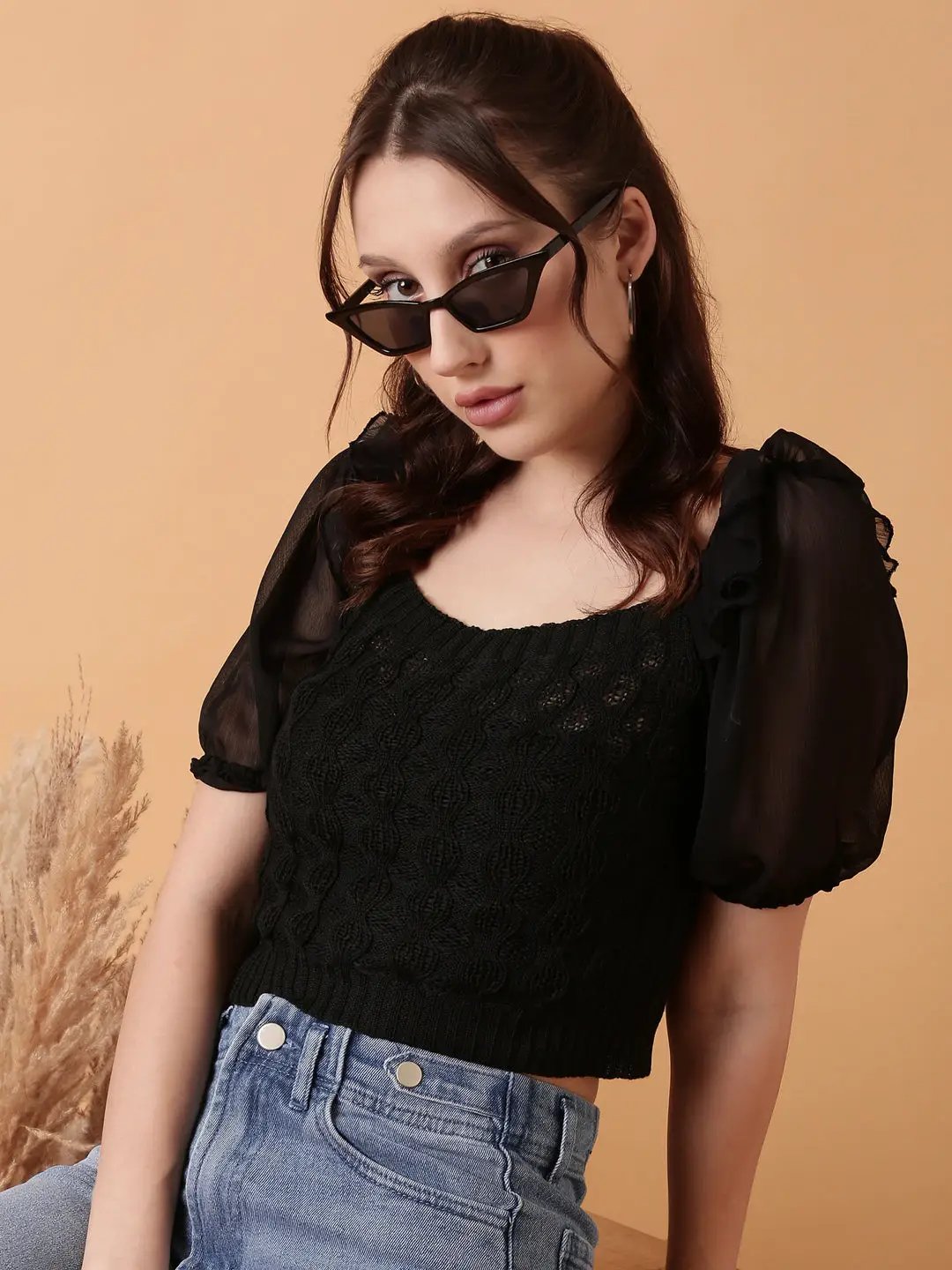 Women's Black Solid Crochet Crop Top