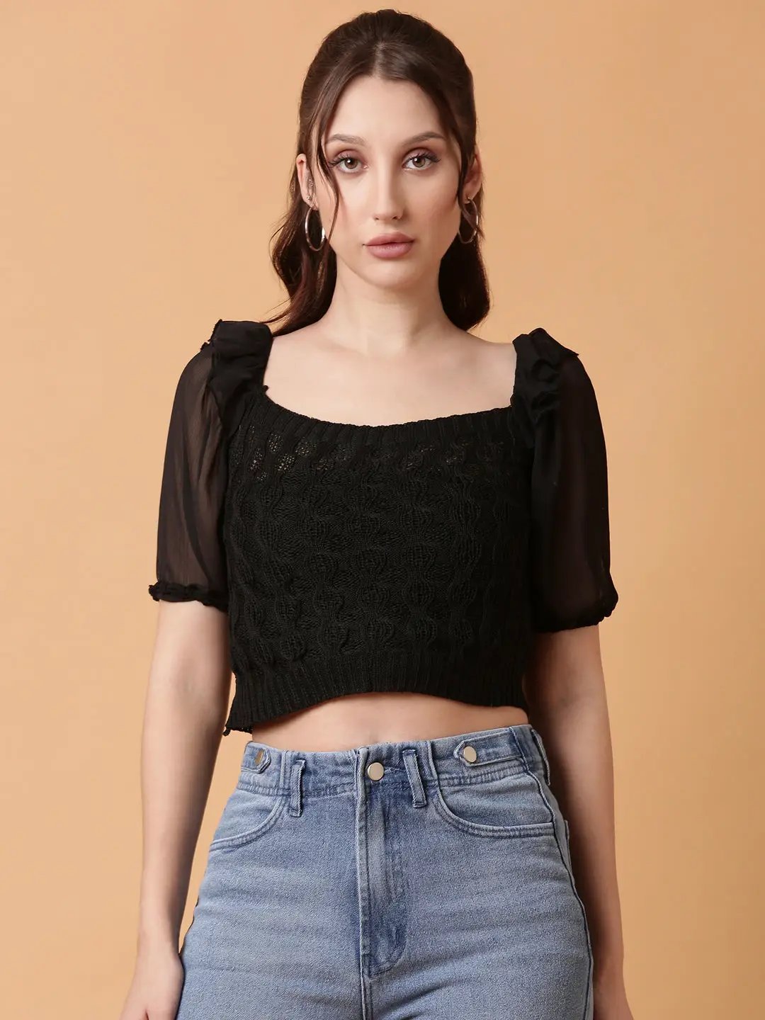 Women's Black Solid Crochet Crop Top