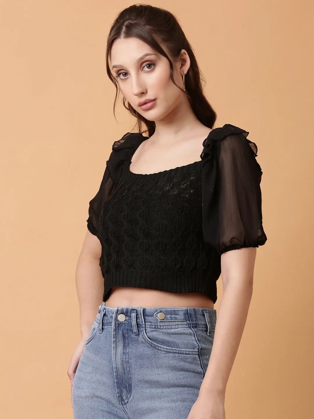 Women's Black Solid Crochet Crop Top