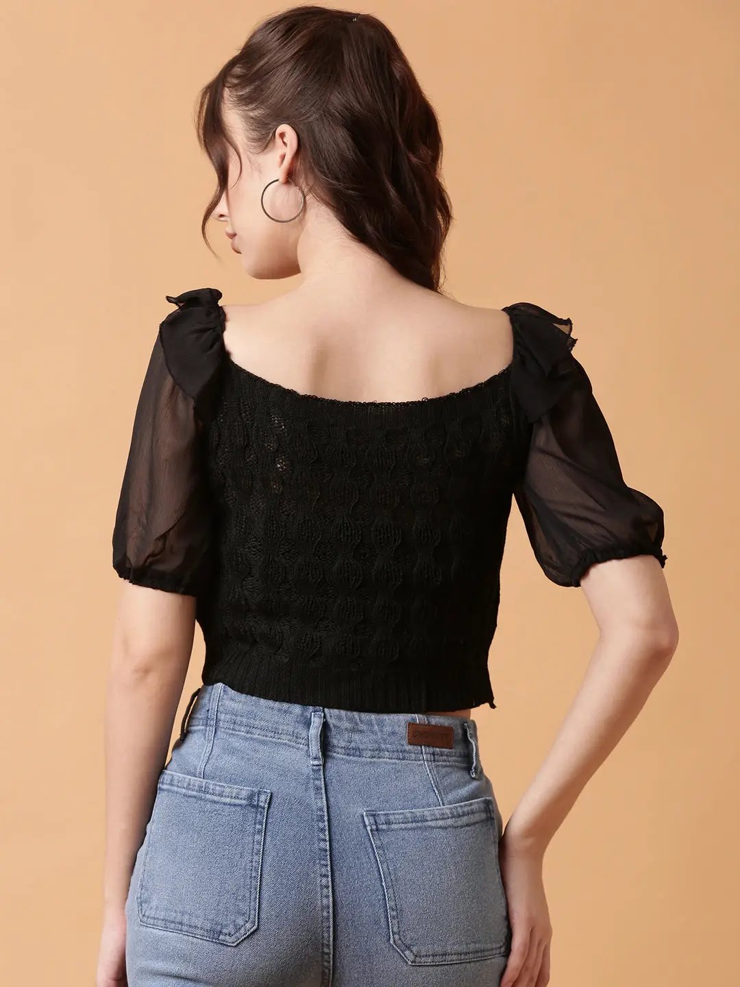 Women's Black Solid Crochet Crop Top