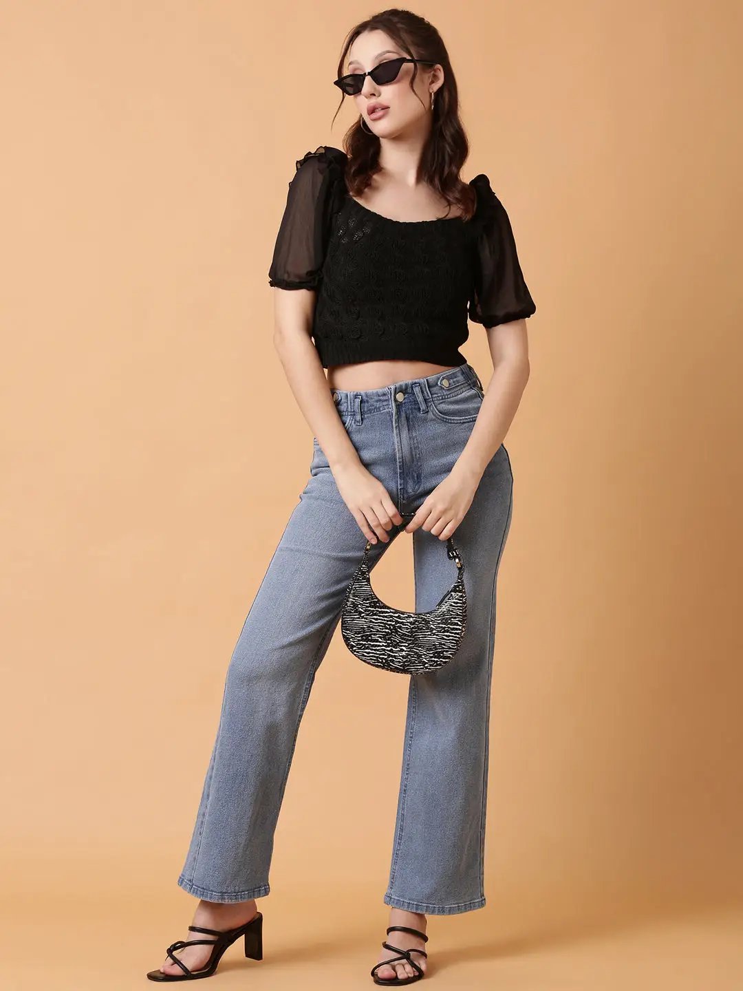 Women's Black Solid Crochet Crop Top