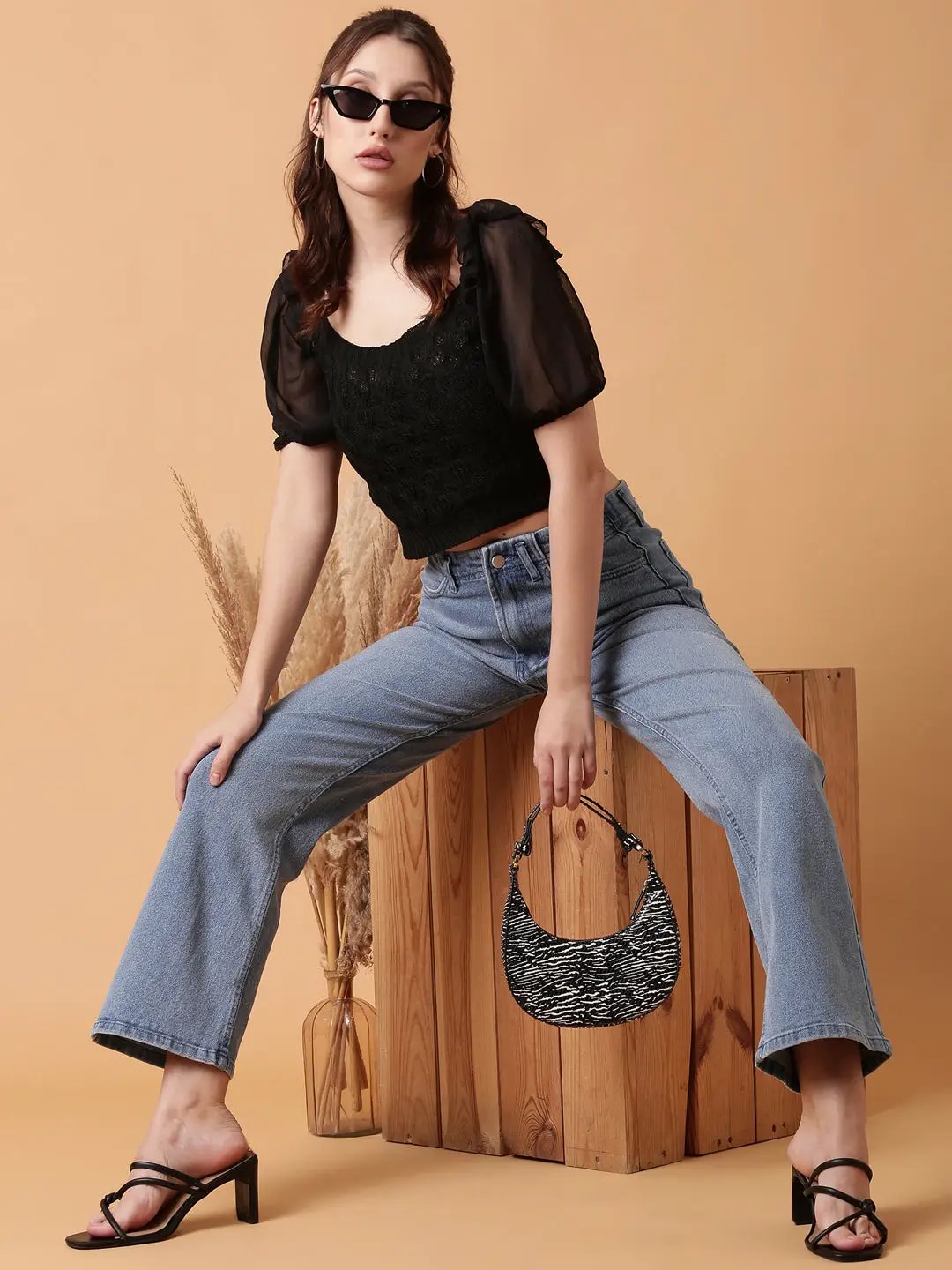 Women's Black Solid Crochet Crop Top
