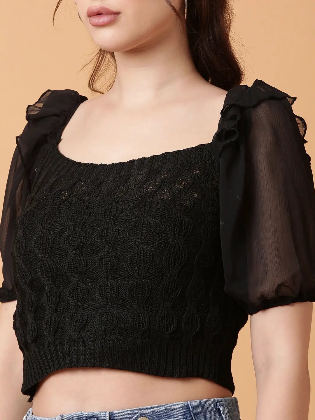 Women's Black Solid Crochet Crop Top