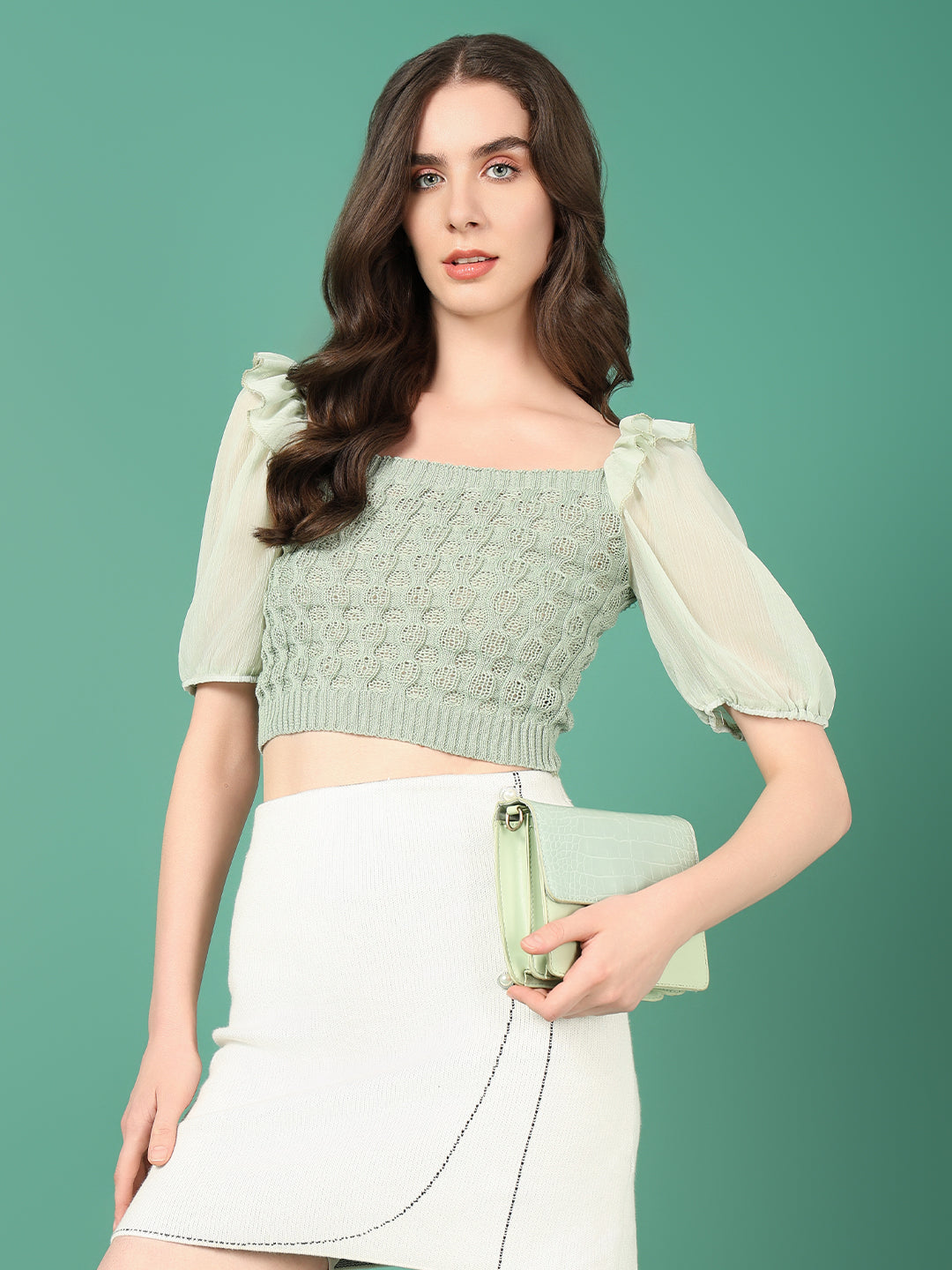 Women Sea Green Solid Crochet Crop Top