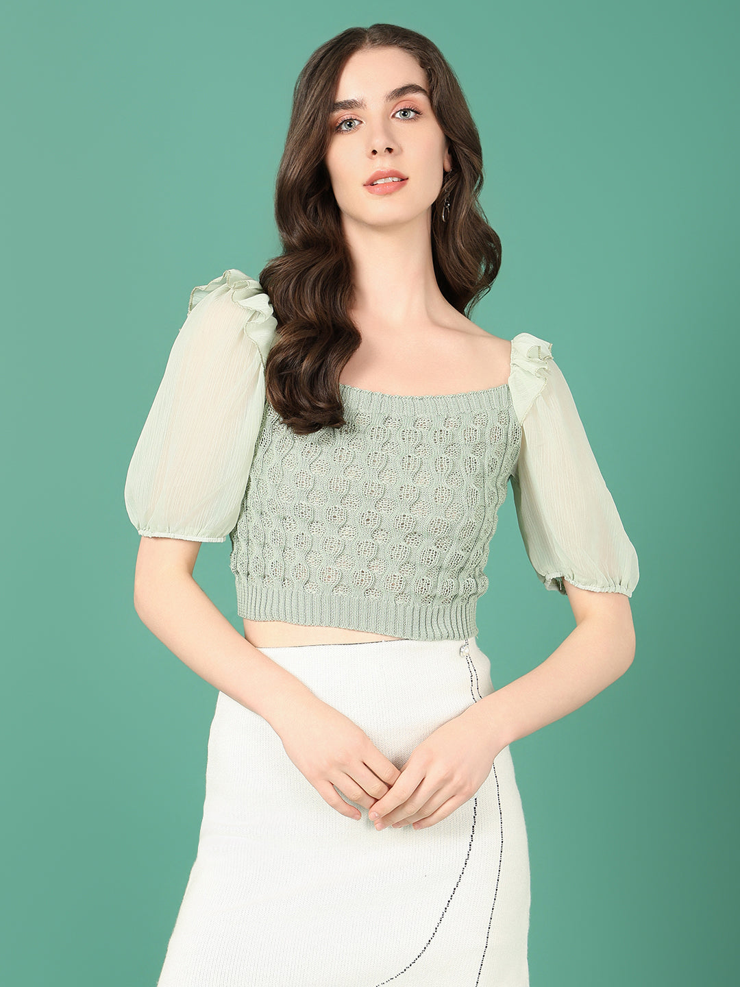 Women Sea Green Solid Crochet Crop Top