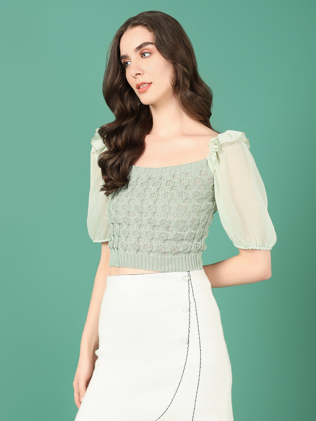 Women Sea Green Solid Crochet Crop Top