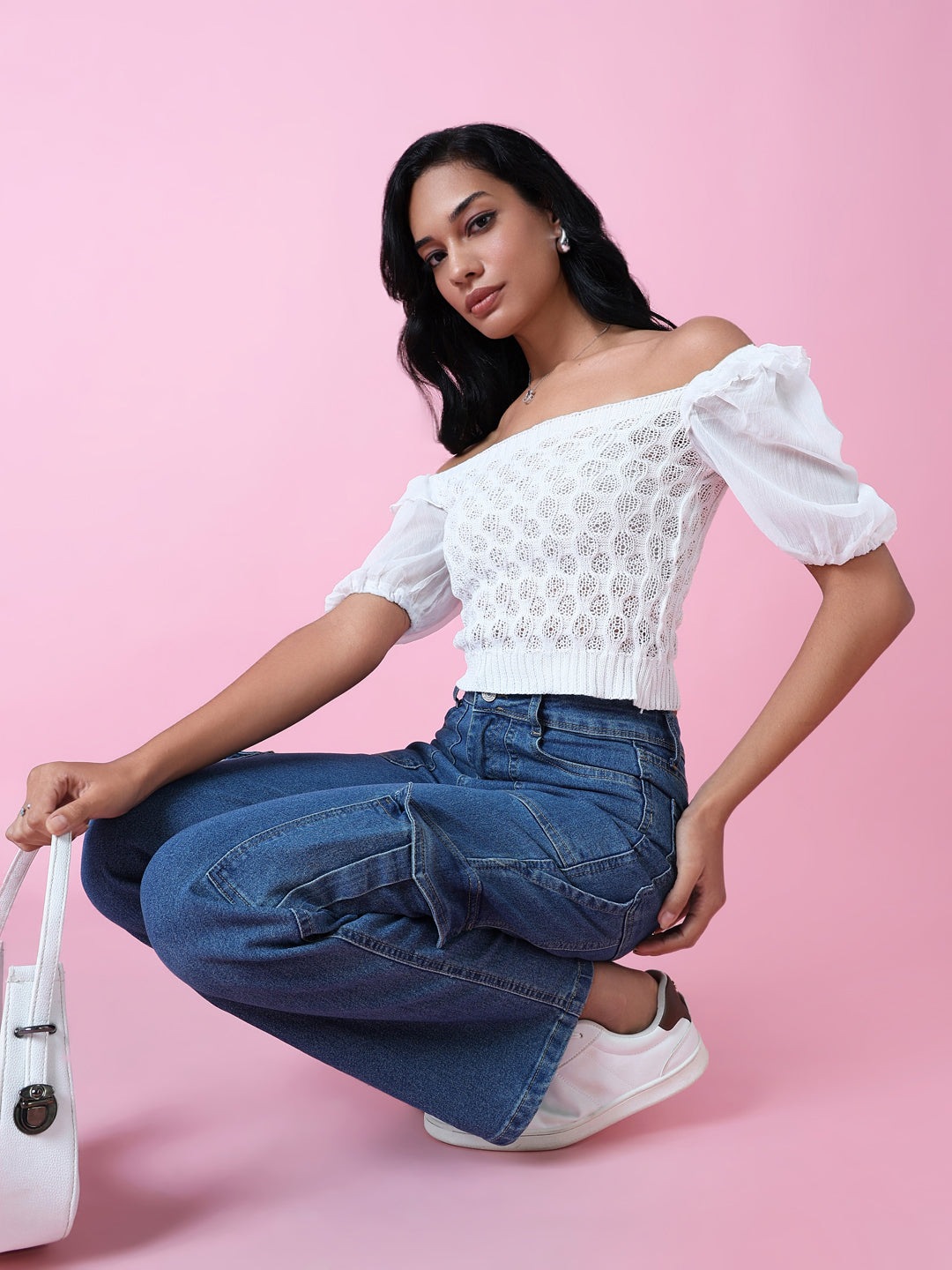 Women White Solid Crochet Crop Top