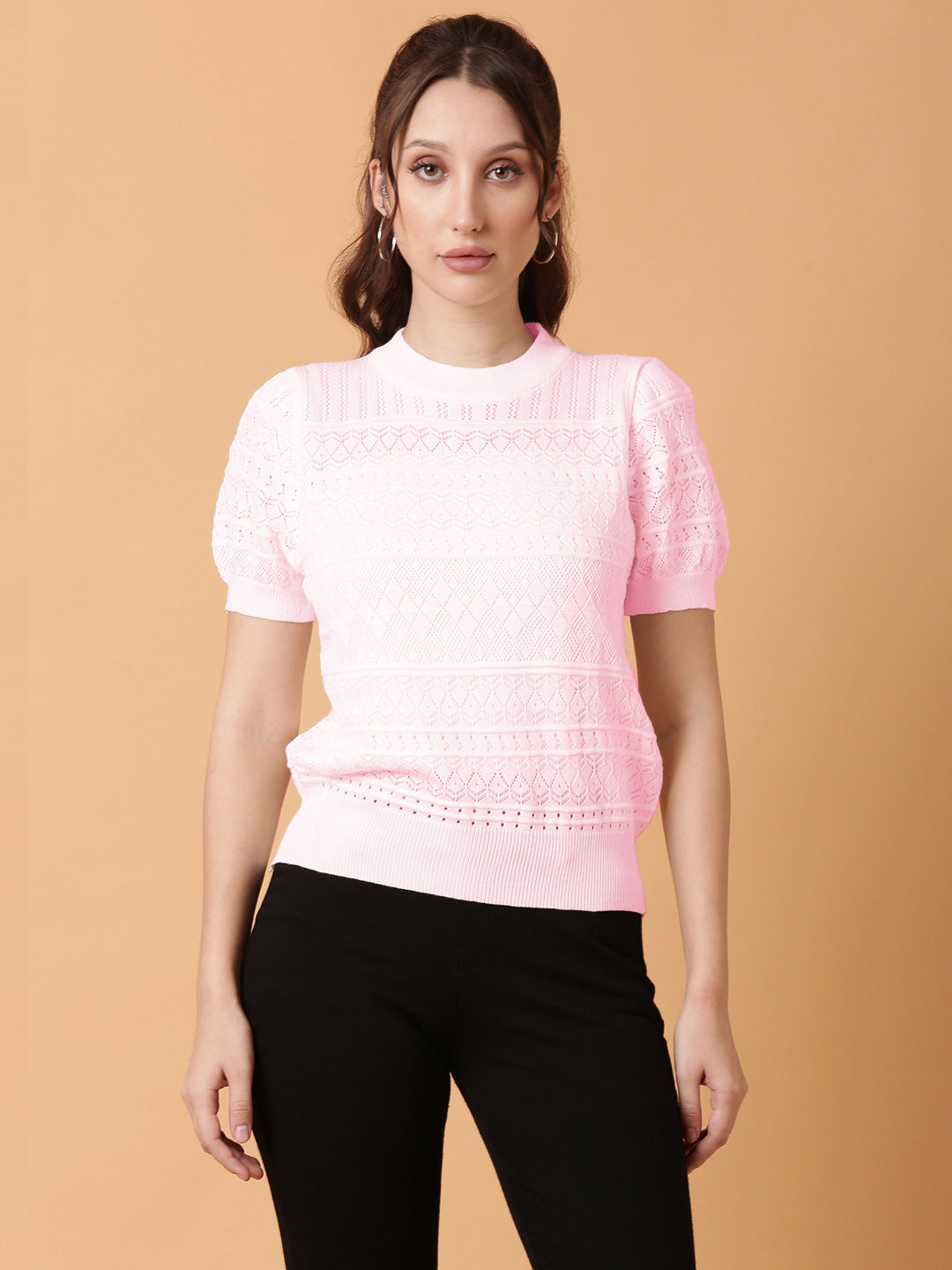 Women Self Design Pink Round Neck Crochet Top