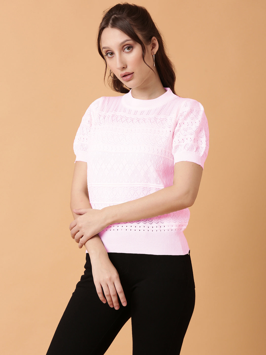 Women Self Design Pink Round Neck Crochet Top