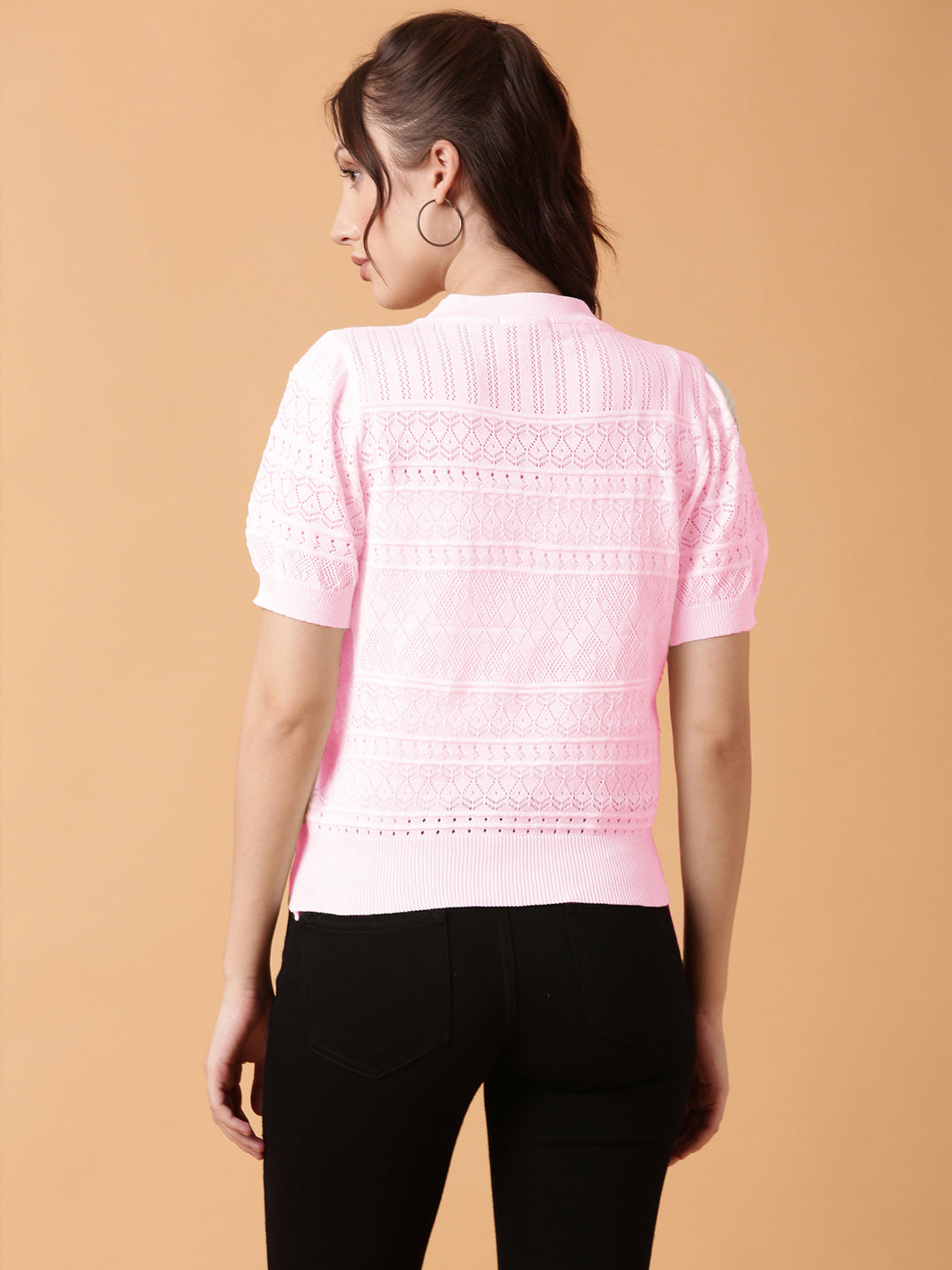 Women Self Design Pink Round Neck Crochet Top