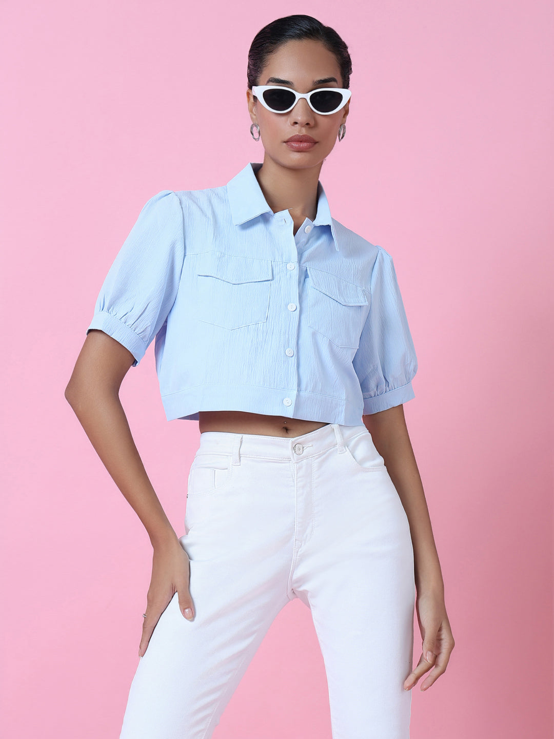 Women Blue Solid Slim Fit Shirt