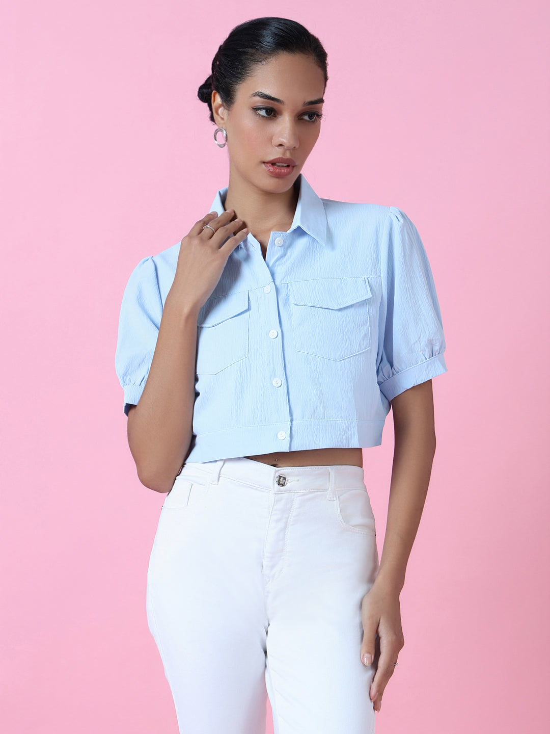 Women Blue Solid Slim Fit Shirt