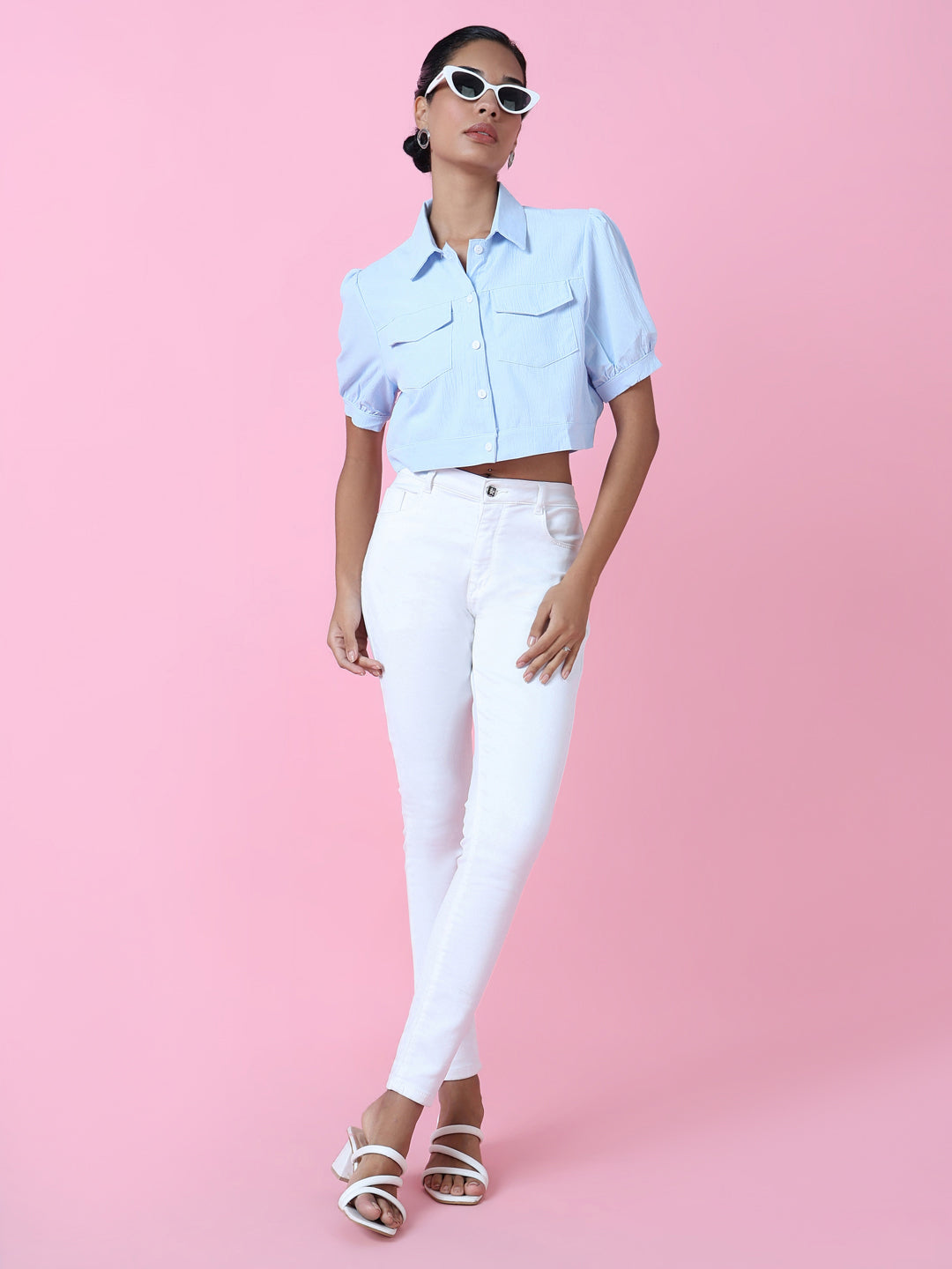 Women Blue Solid Slim Fit Shirt