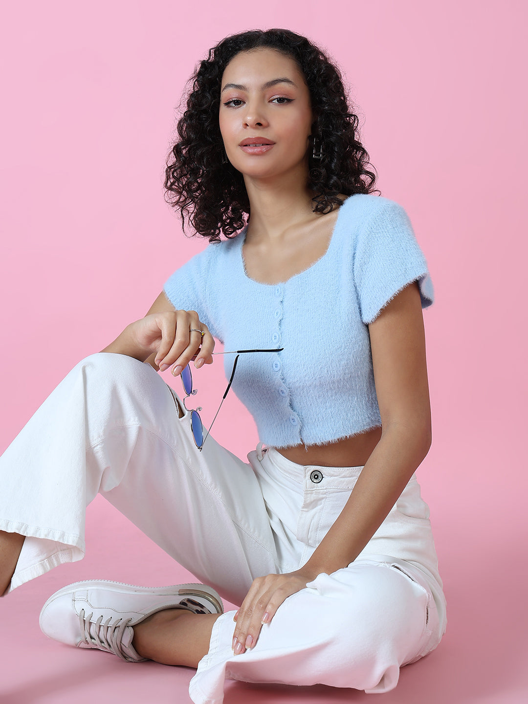 Women Blue Solid Crop Top