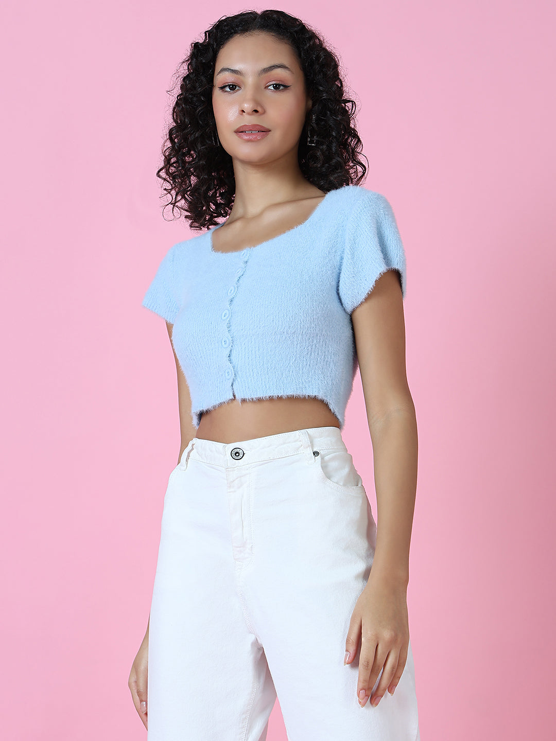 Women Blue Solid Crop Top