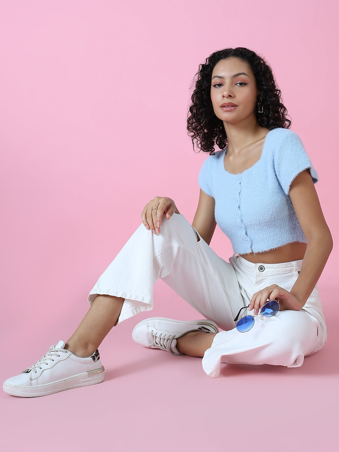 Women Blue Solid Crop Top