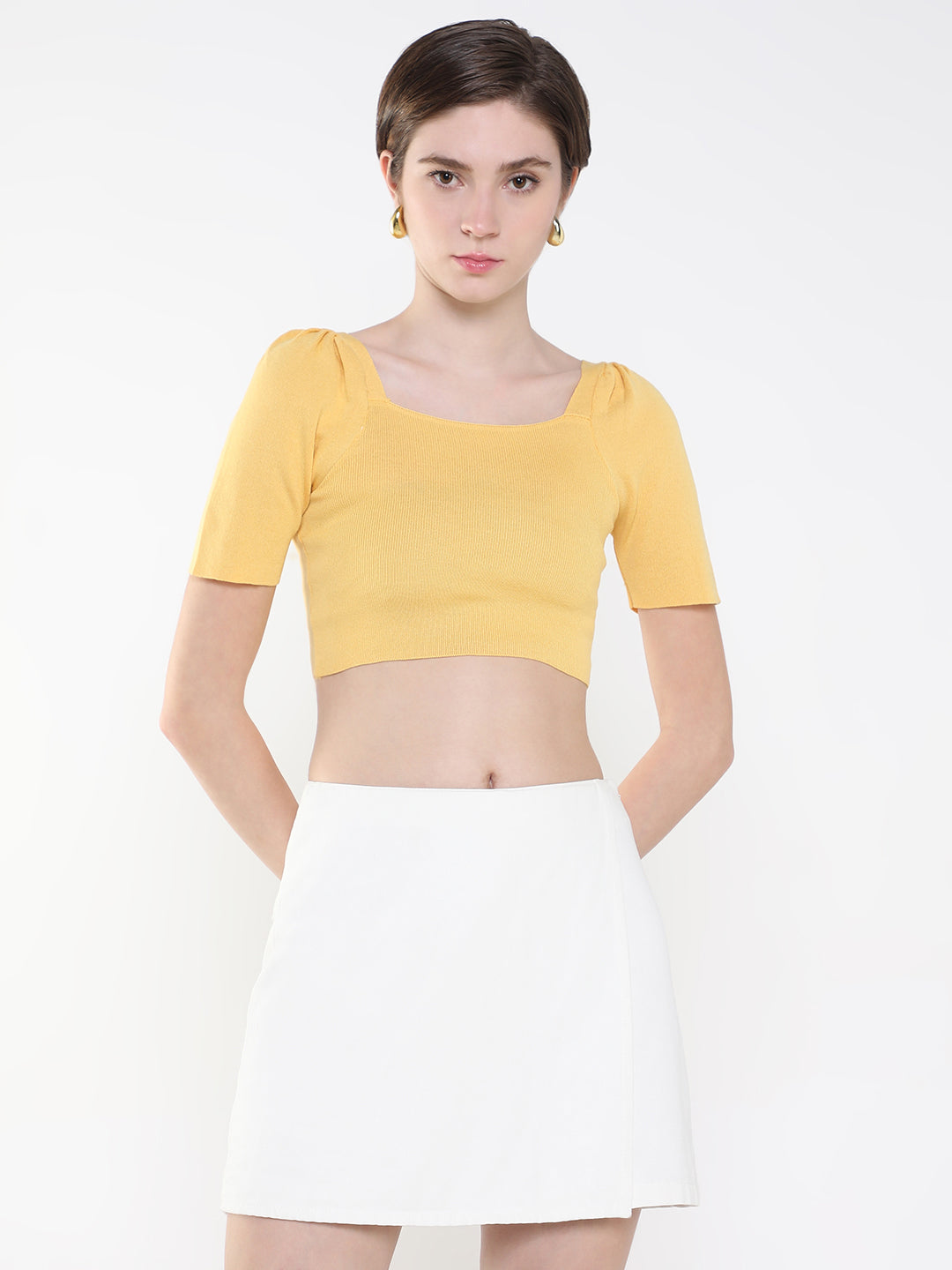 Women Solid Mustard Fitted Crop Top