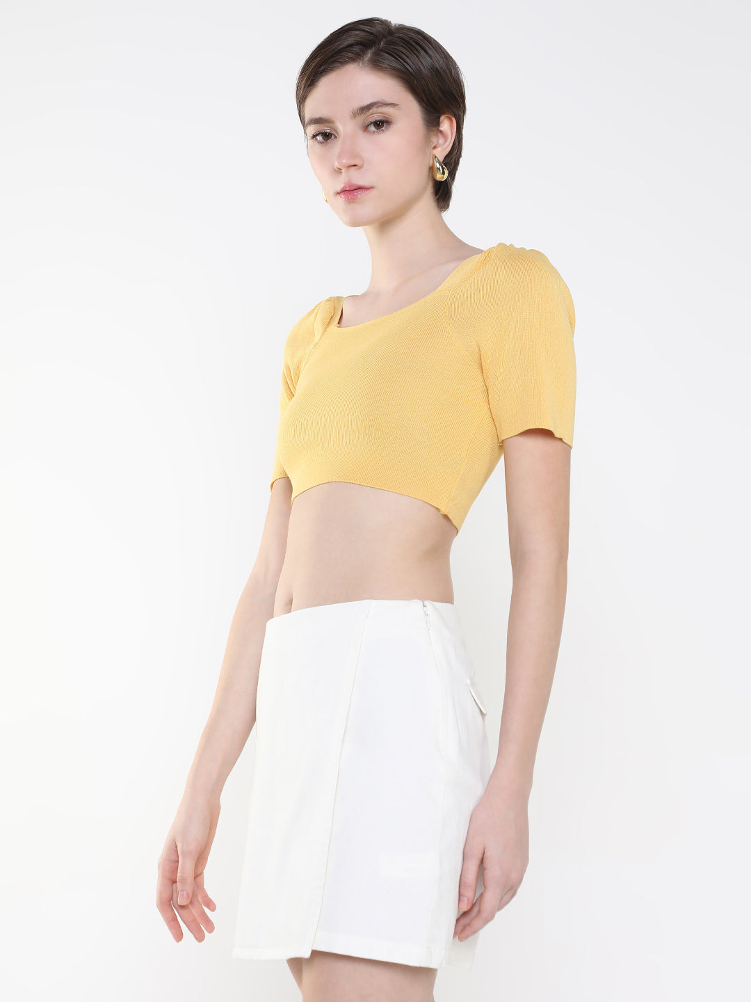 Women Solid Mustard Fitted Crop Top