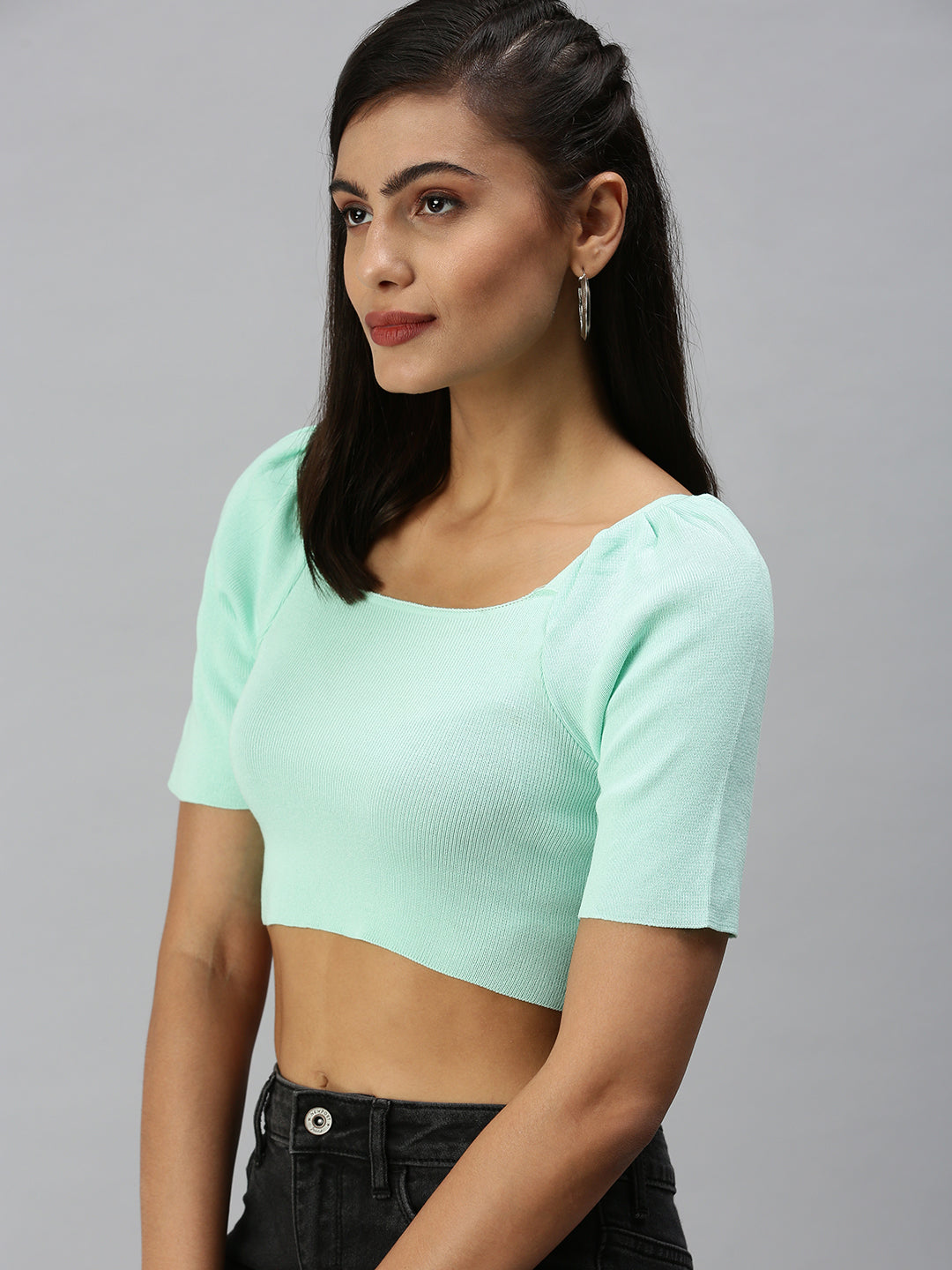 Women Square Neck Solid Sea Green Fitted Top