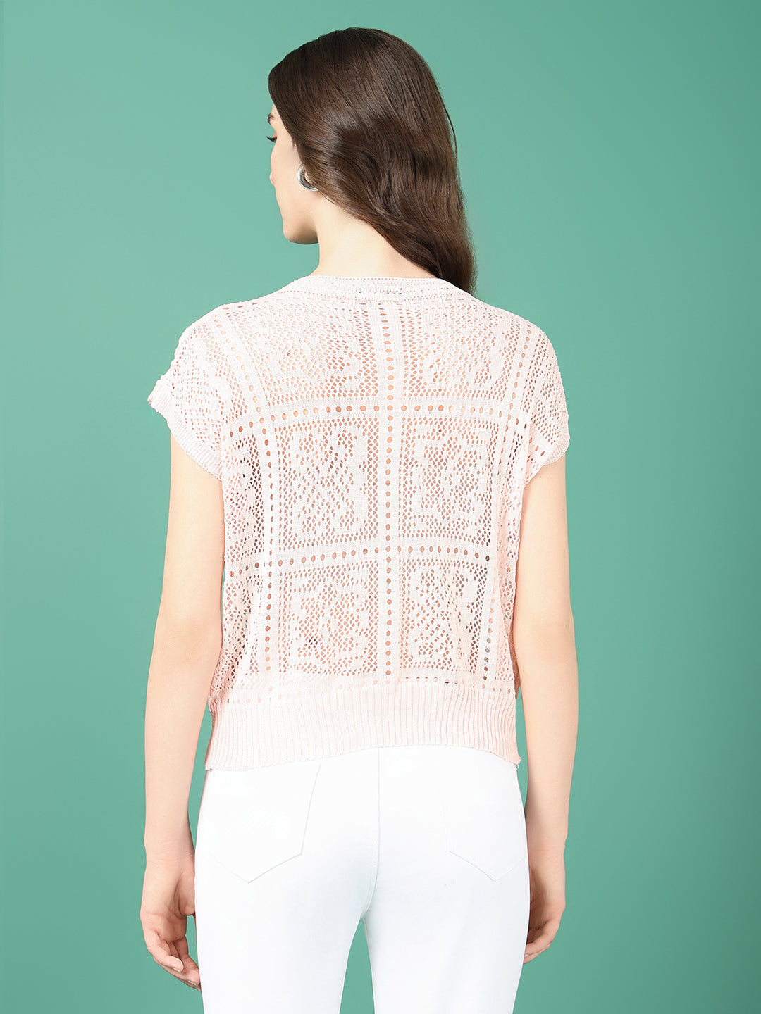 Women's Peach Solid Crochet Top