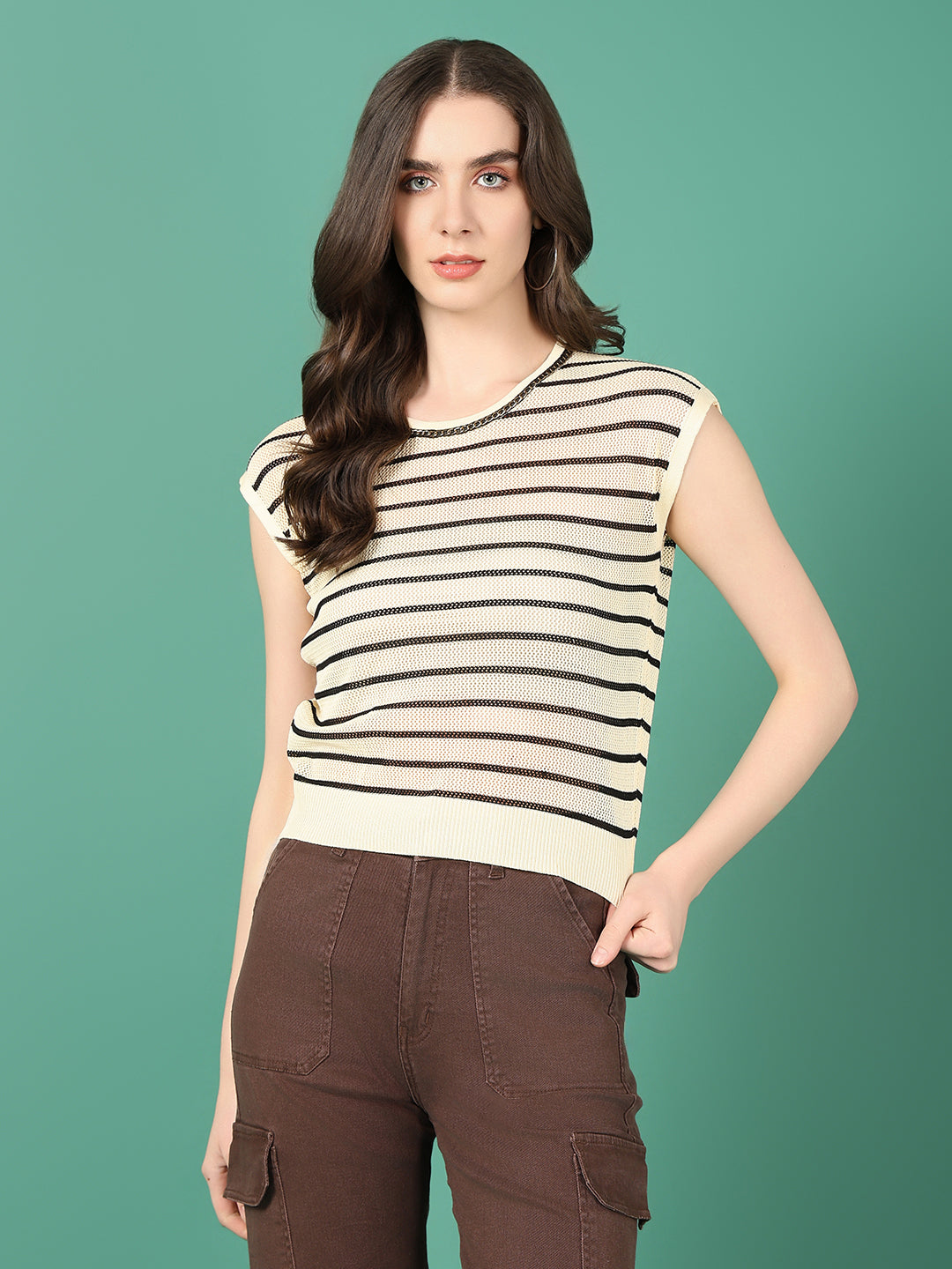 Women Beige Striped Crochet Top