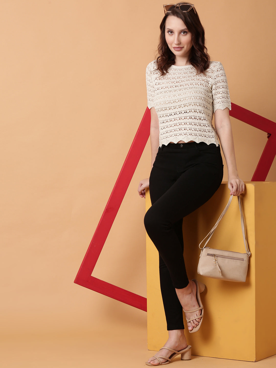 Women Cream Solid Crochet Top