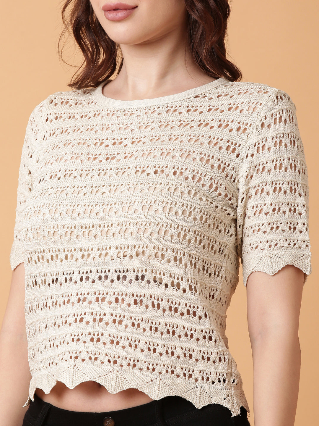 Women Cream Solid Crochet Top