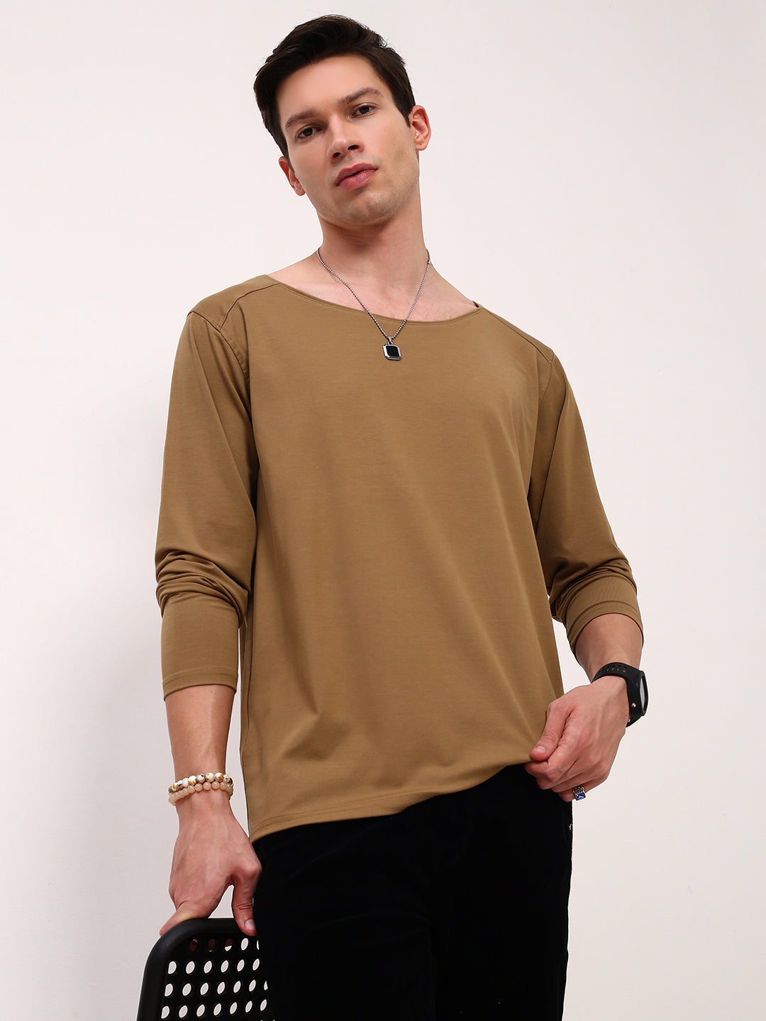 Men Khaki Solid T Shirt