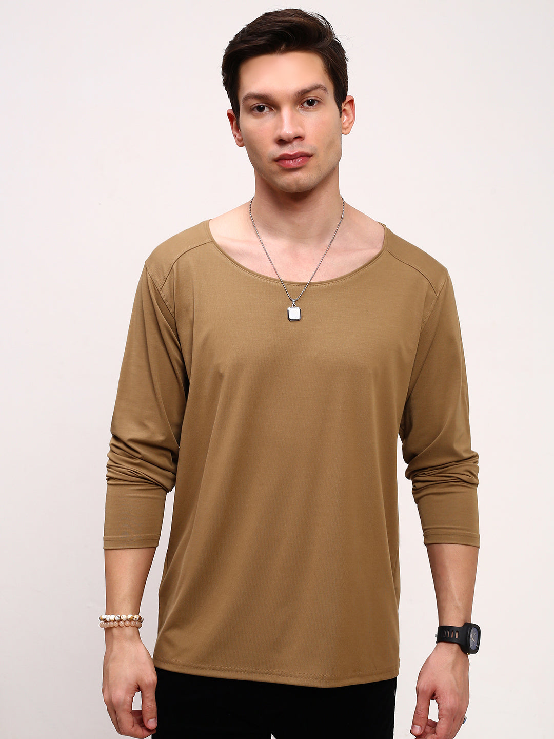 Men Khaki Solid T Shirt