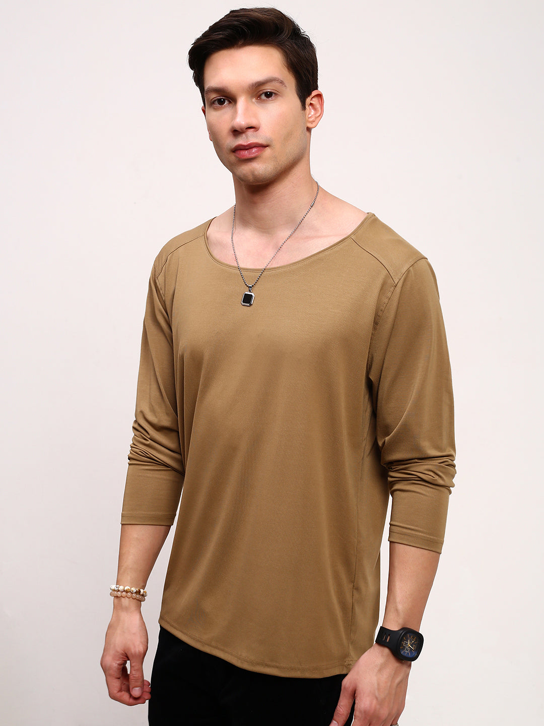 Men Khaki Solid T Shirt