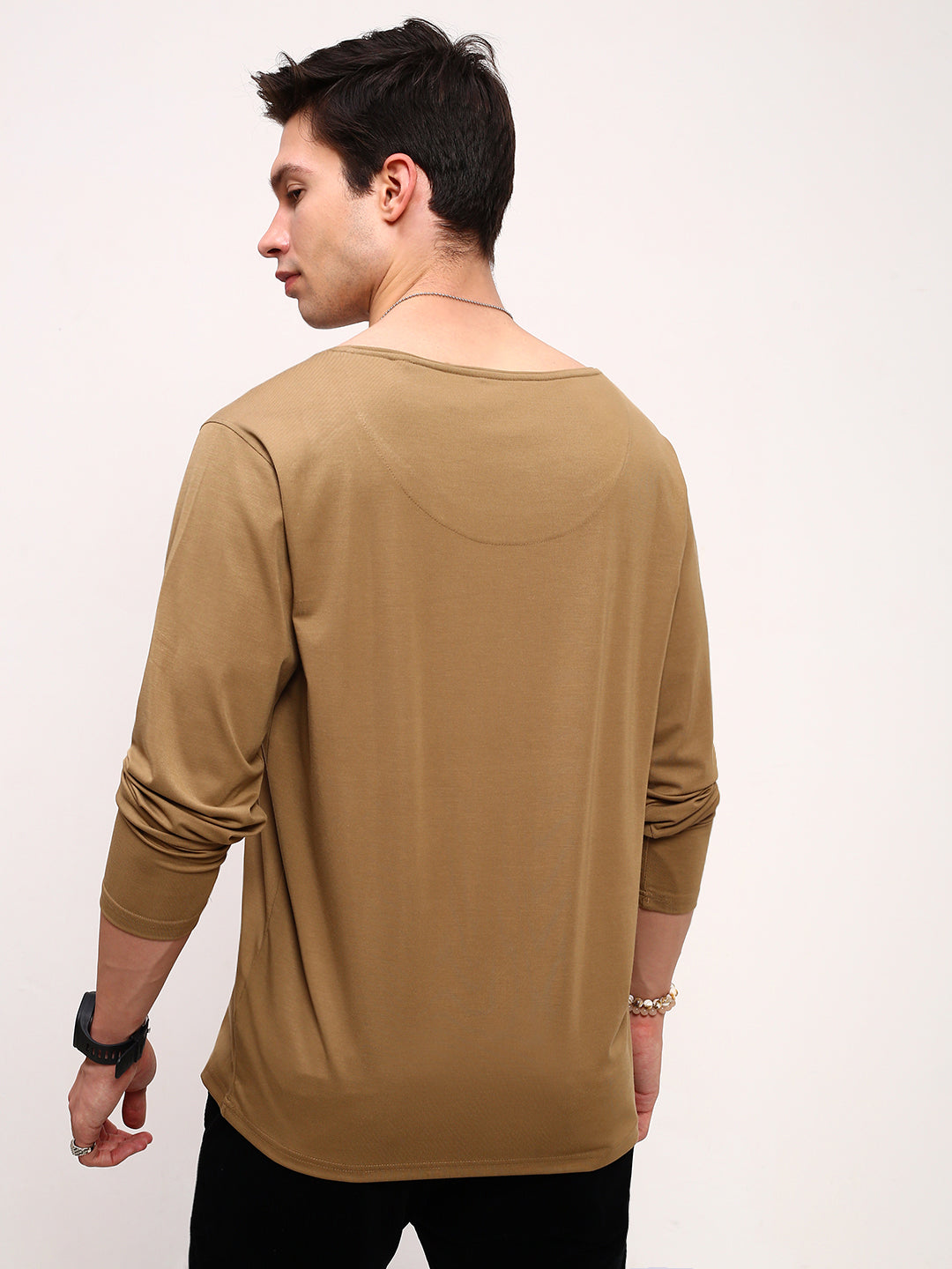 Men Khaki Solid T Shirt