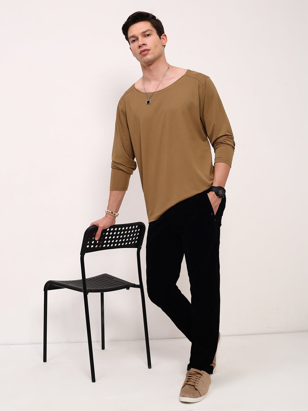 Men Khaki Solid T Shirt