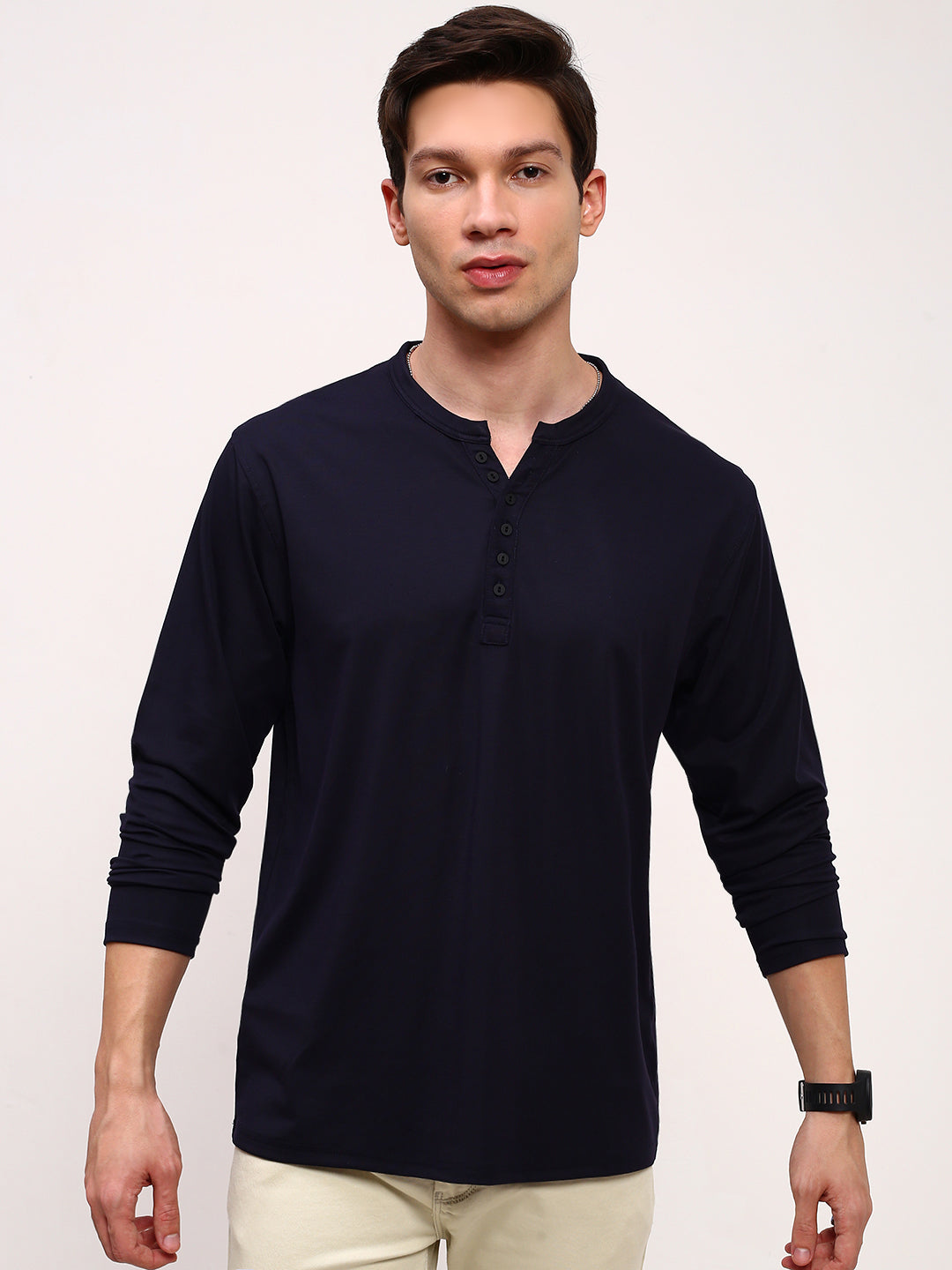 Men Navy Blue Solid T Shirt