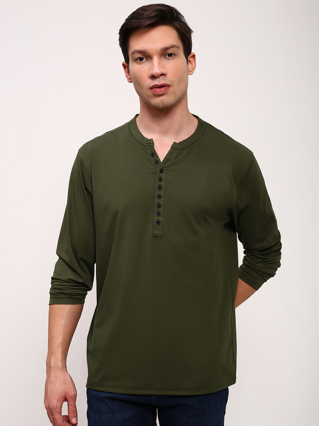 Buy Men's Green Solid Henley Neck Cotton T-Shirt Online Showoffff