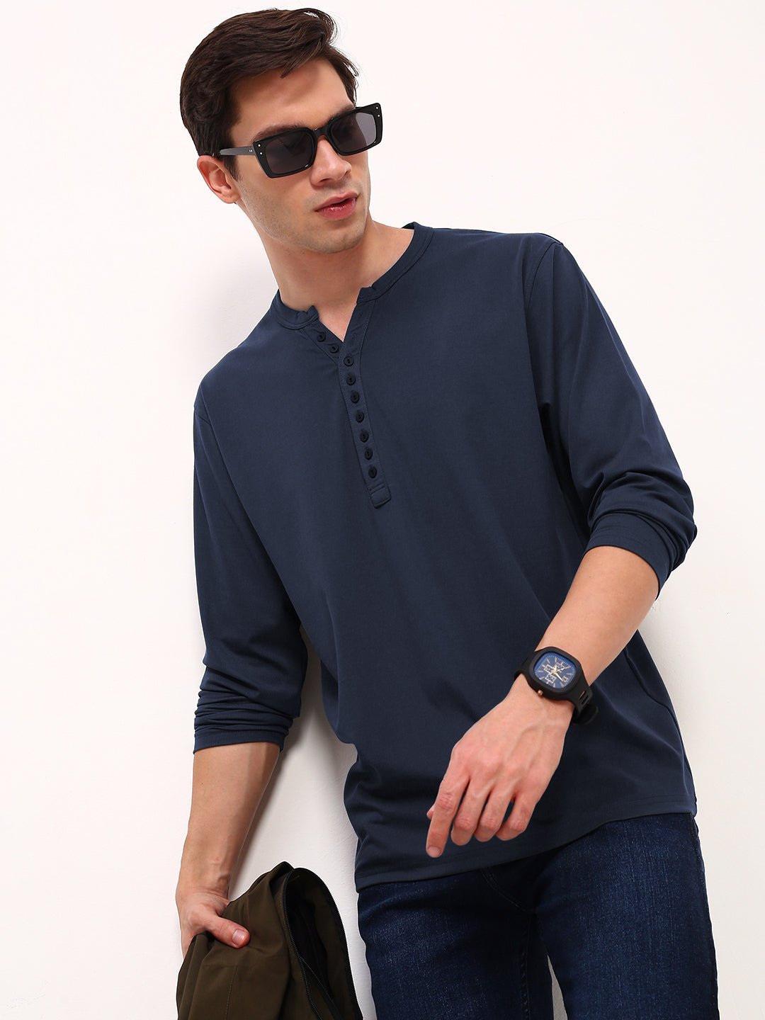 Men's Navy Blue Henley Collar Slim Fit T-Shirt