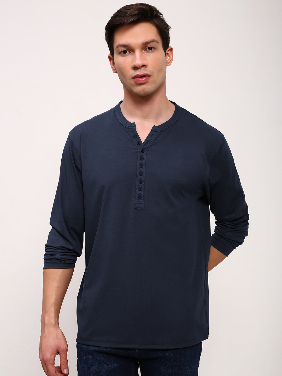 Men's Navy Blue Henley Collar Slim Fit T-Shirt