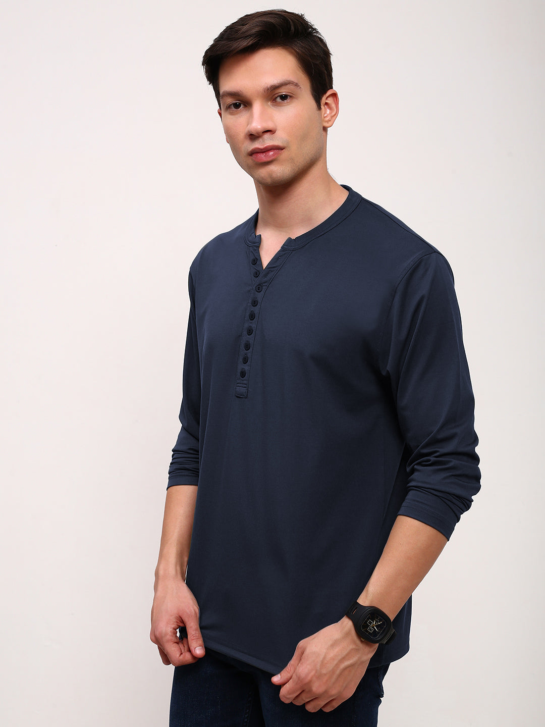 Men's Navy Blue Henley Collar Slim Fit T-Shirt