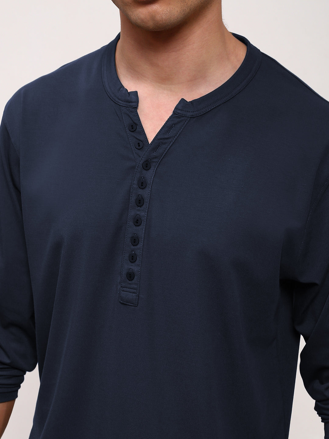 Men's Navy Blue Henley Collar Slim Fit T-Shirt