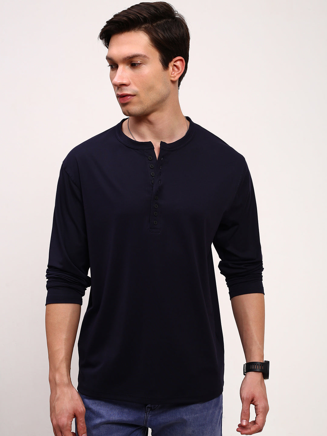 Men Navy Blue Solid T Shirt