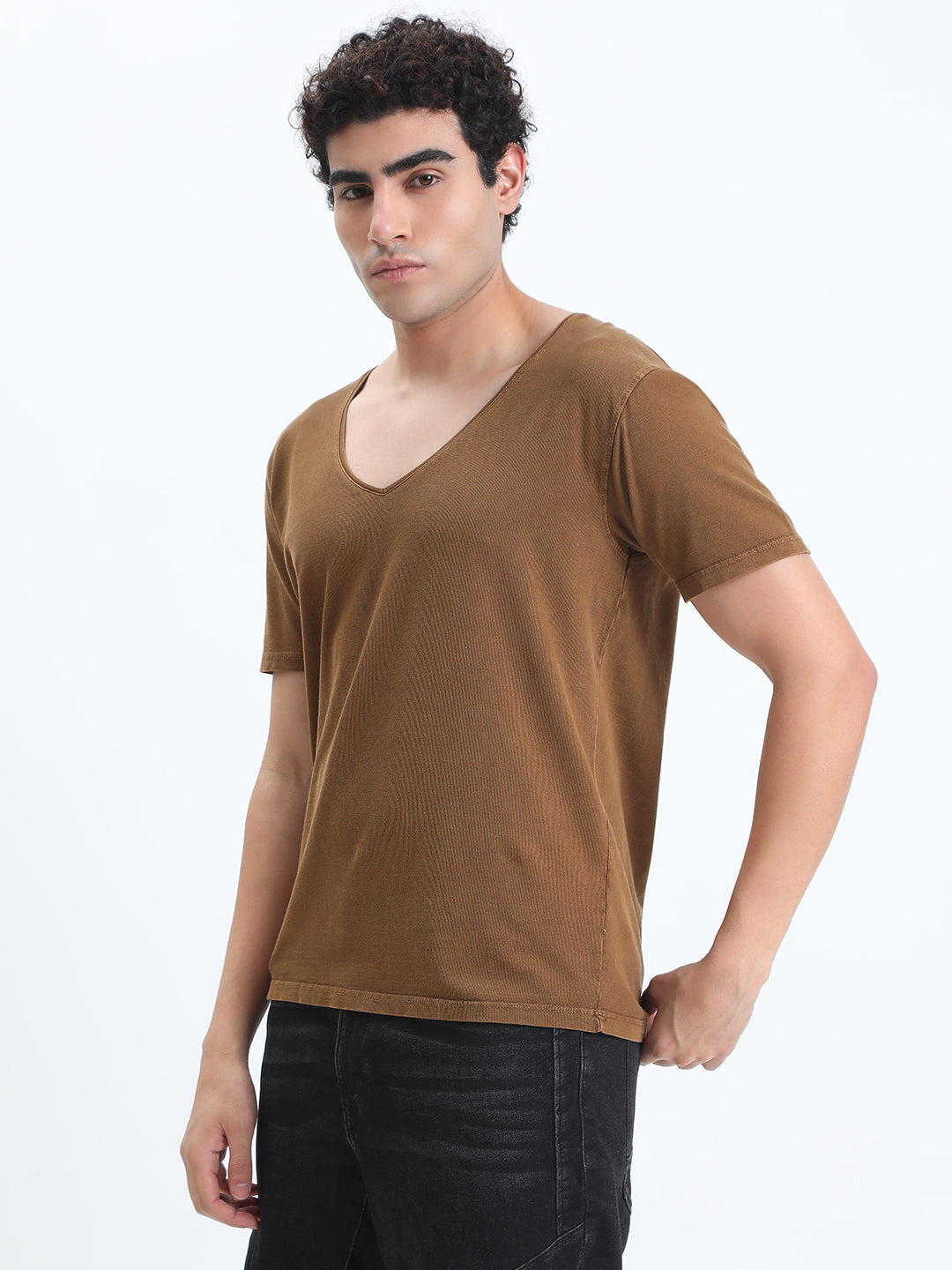 Men's Brown V-Neck Regular Fit T-Shirt