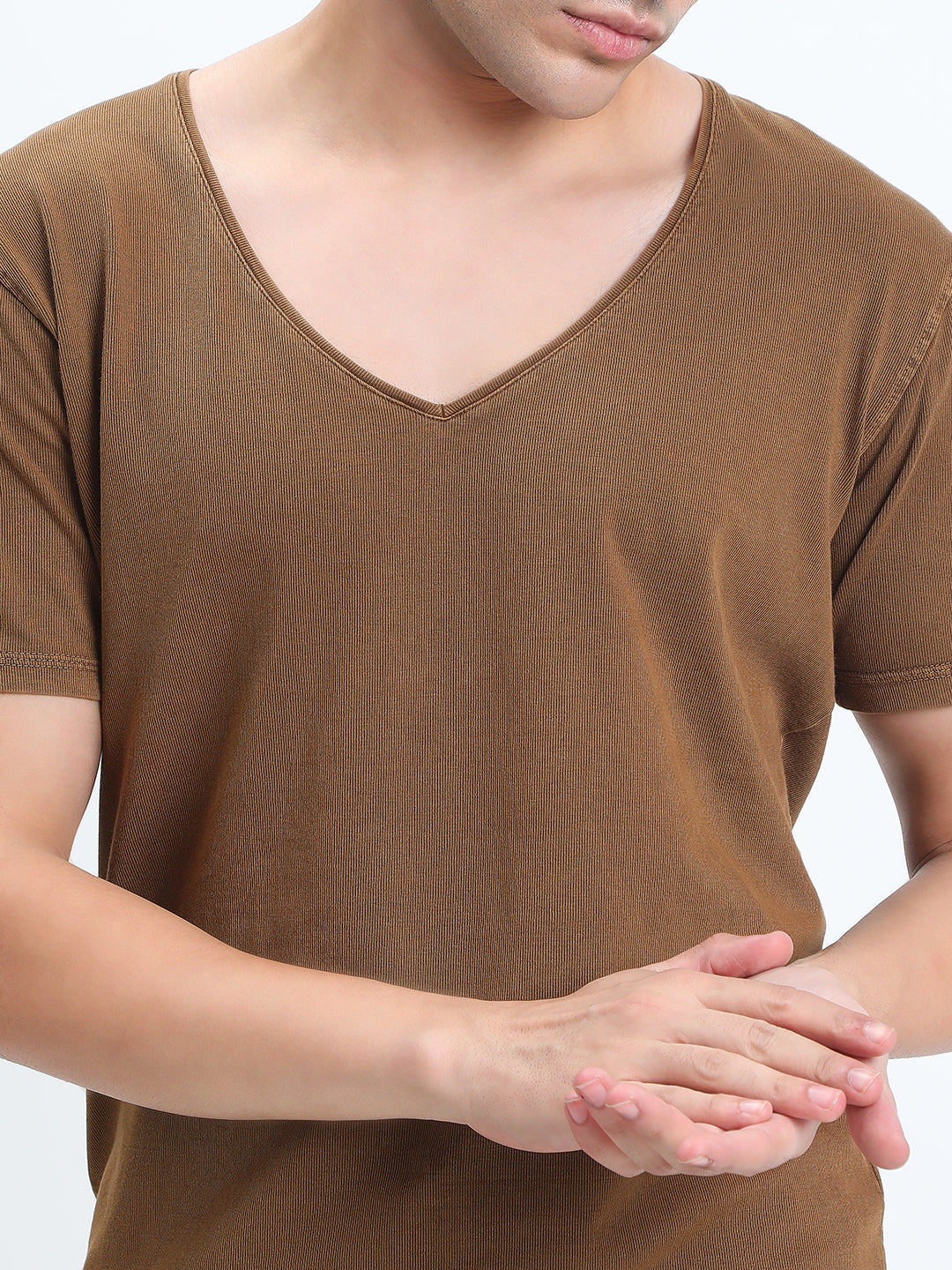 Men's Brown V-Neck Regular Fit T-Shirt