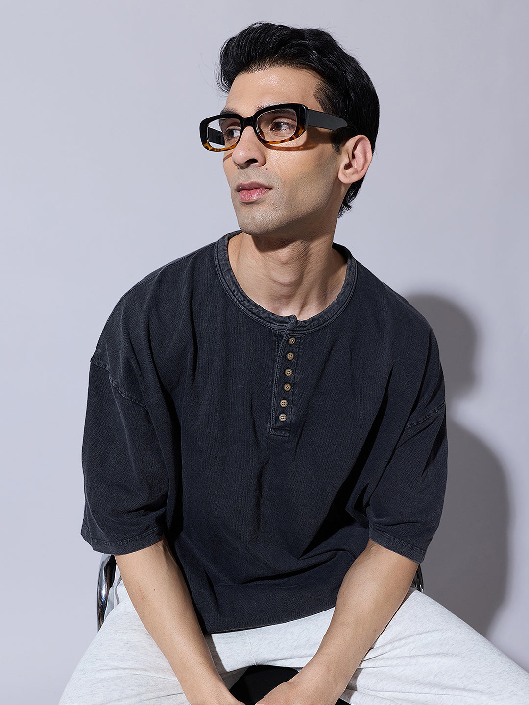 Men's Grey Oversized Henley T-Shirt