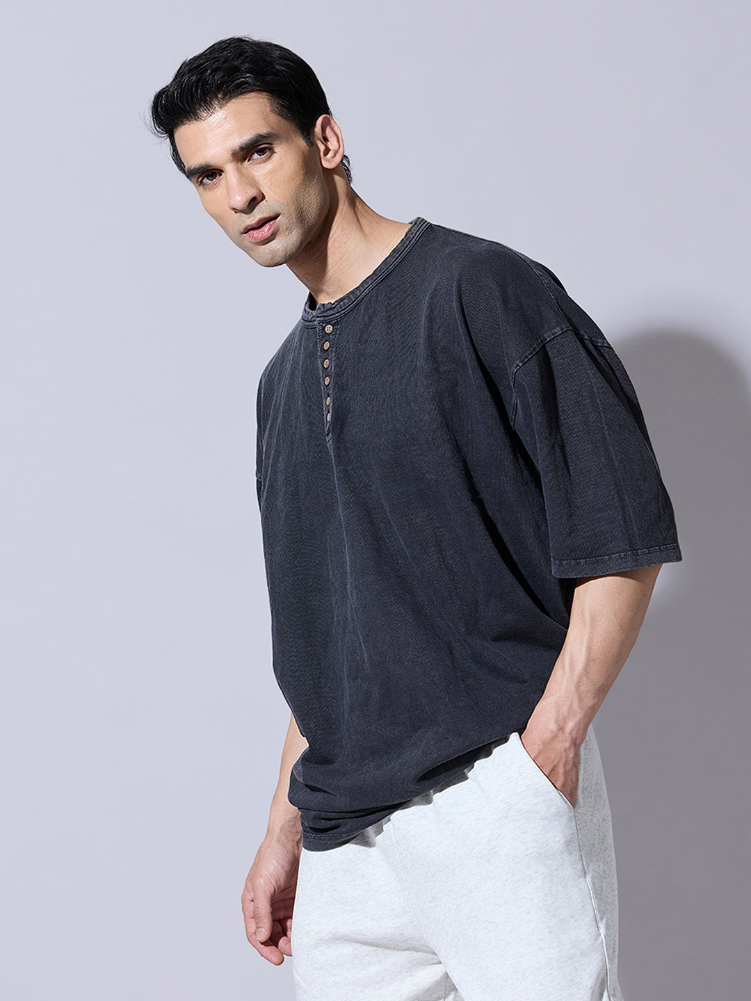 Men's Grey Oversized Henley T-Shirt