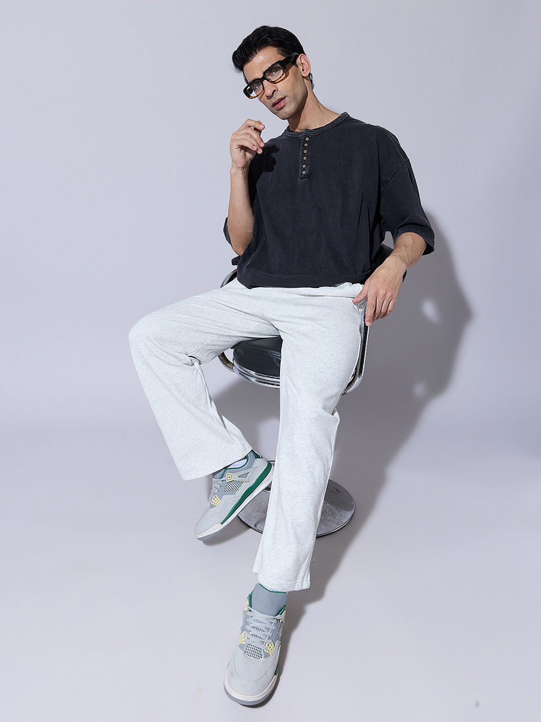 Men's Grey Oversized Henley T-Shirt