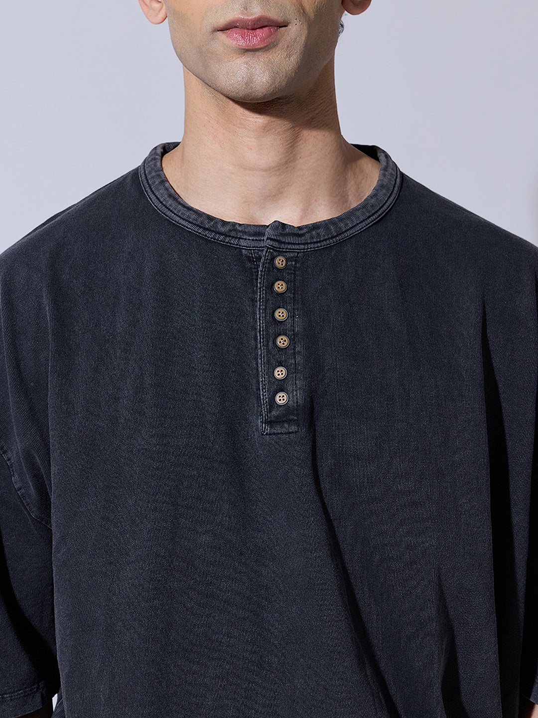 Men's Grey Oversized Henley T-Shirt