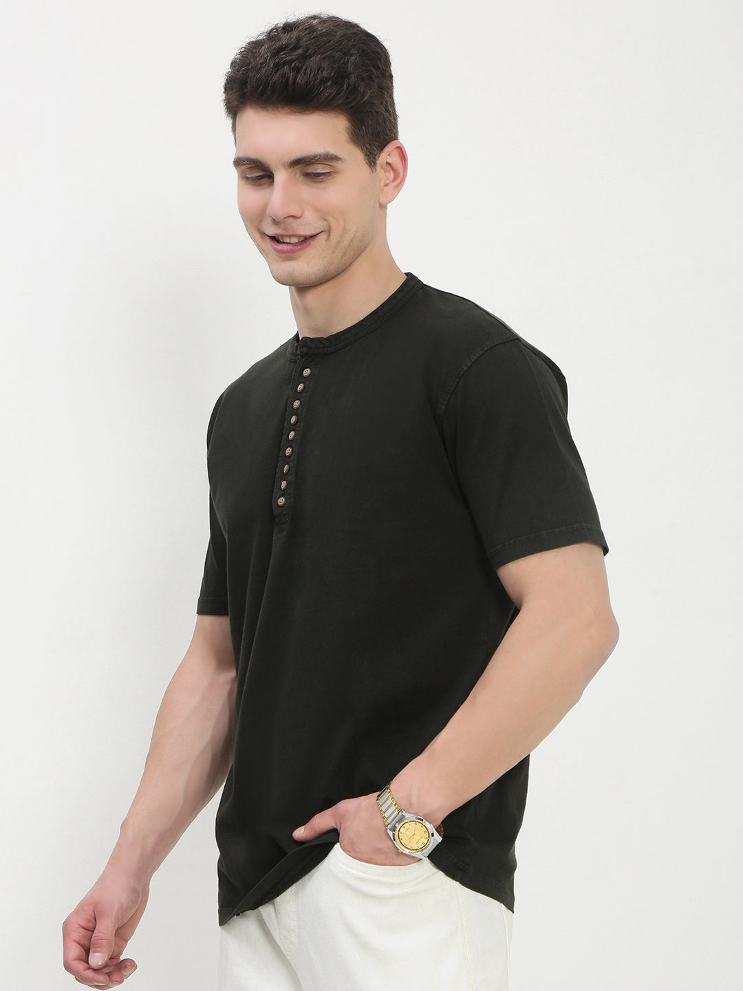 Men's Olive Solid Henley Collar T-Shirt