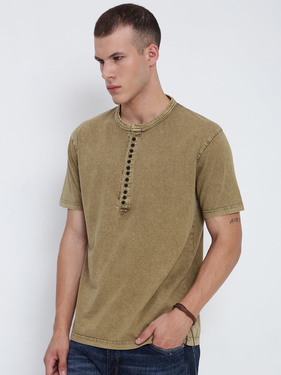 Men's Khaki Henley Collar Slim Fit T-Shirt