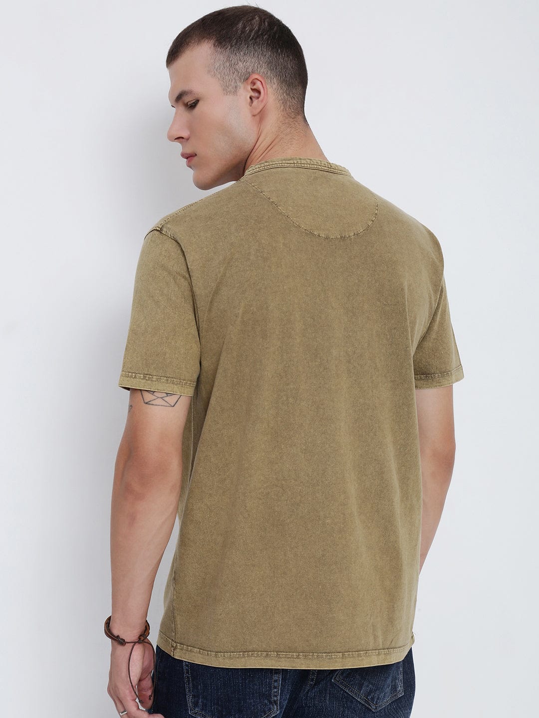 Men's Khaki Henley Collar Slim Fit T-Shirt