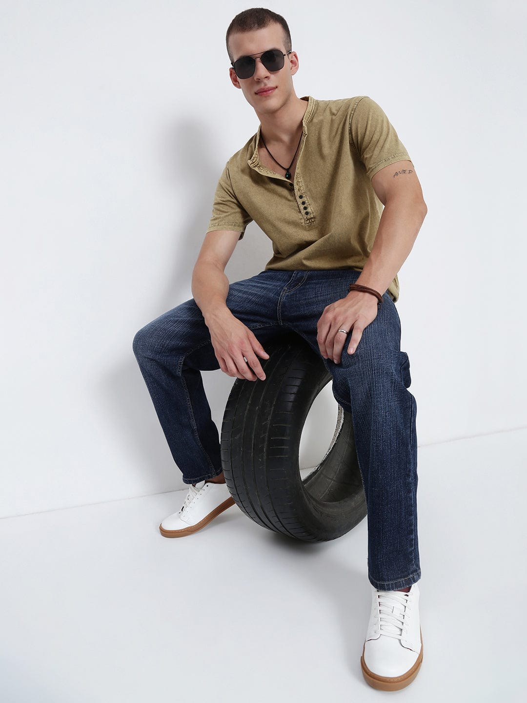 Men's Khaki Henley Collar Slim Fit T-Shirt